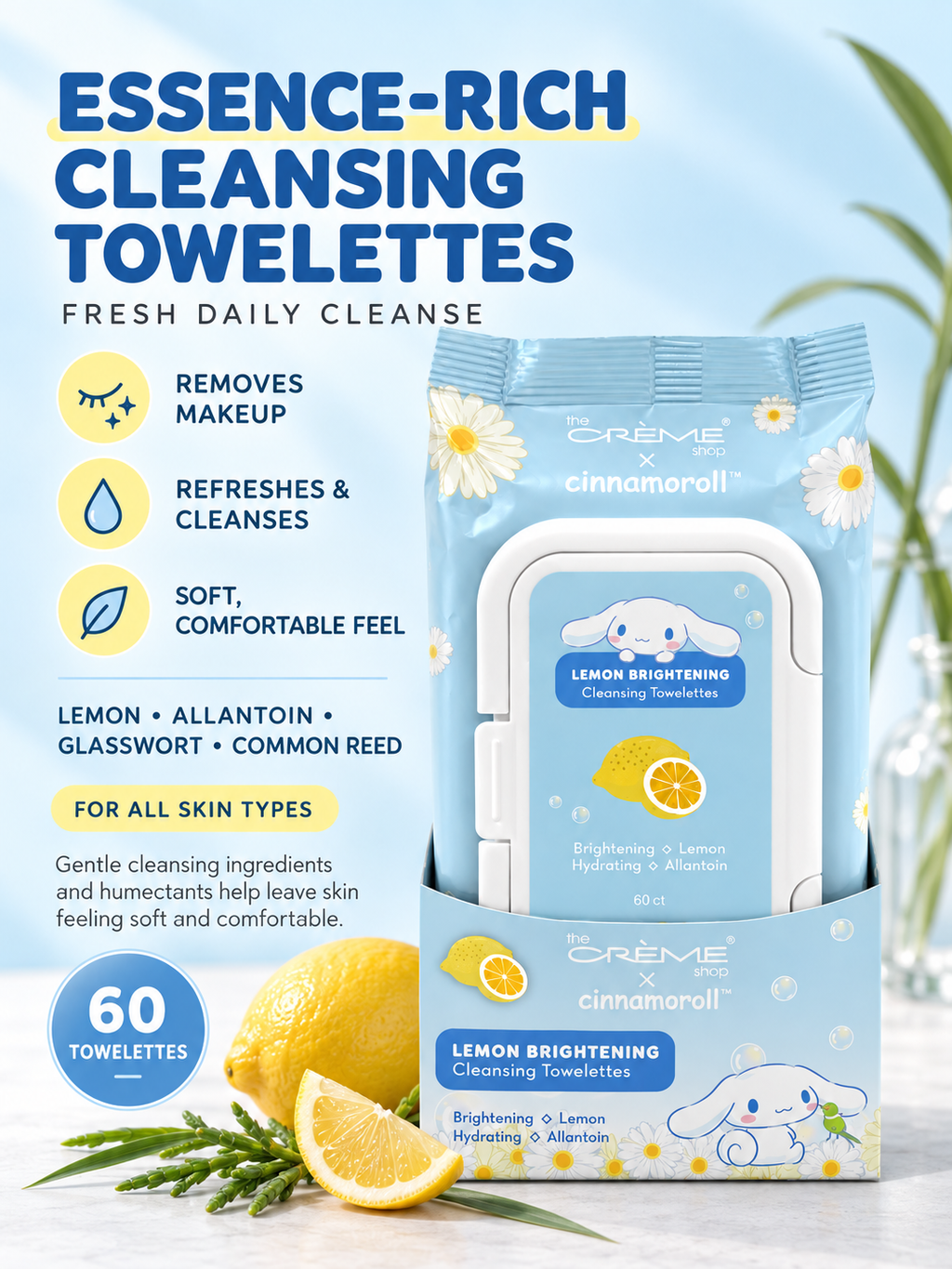 THE CREME SHOP Cleansing Towelettes Lemon Cinnamoroll 60pcs