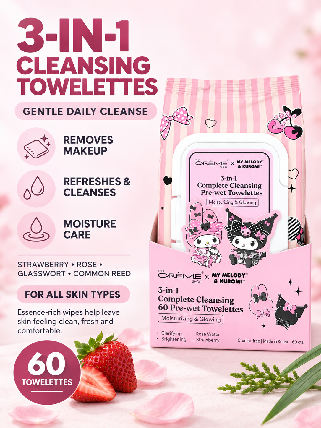 THE CREME SHOP Cleansing Towelettes Strawberry My Melody & Kuromi 60pcs